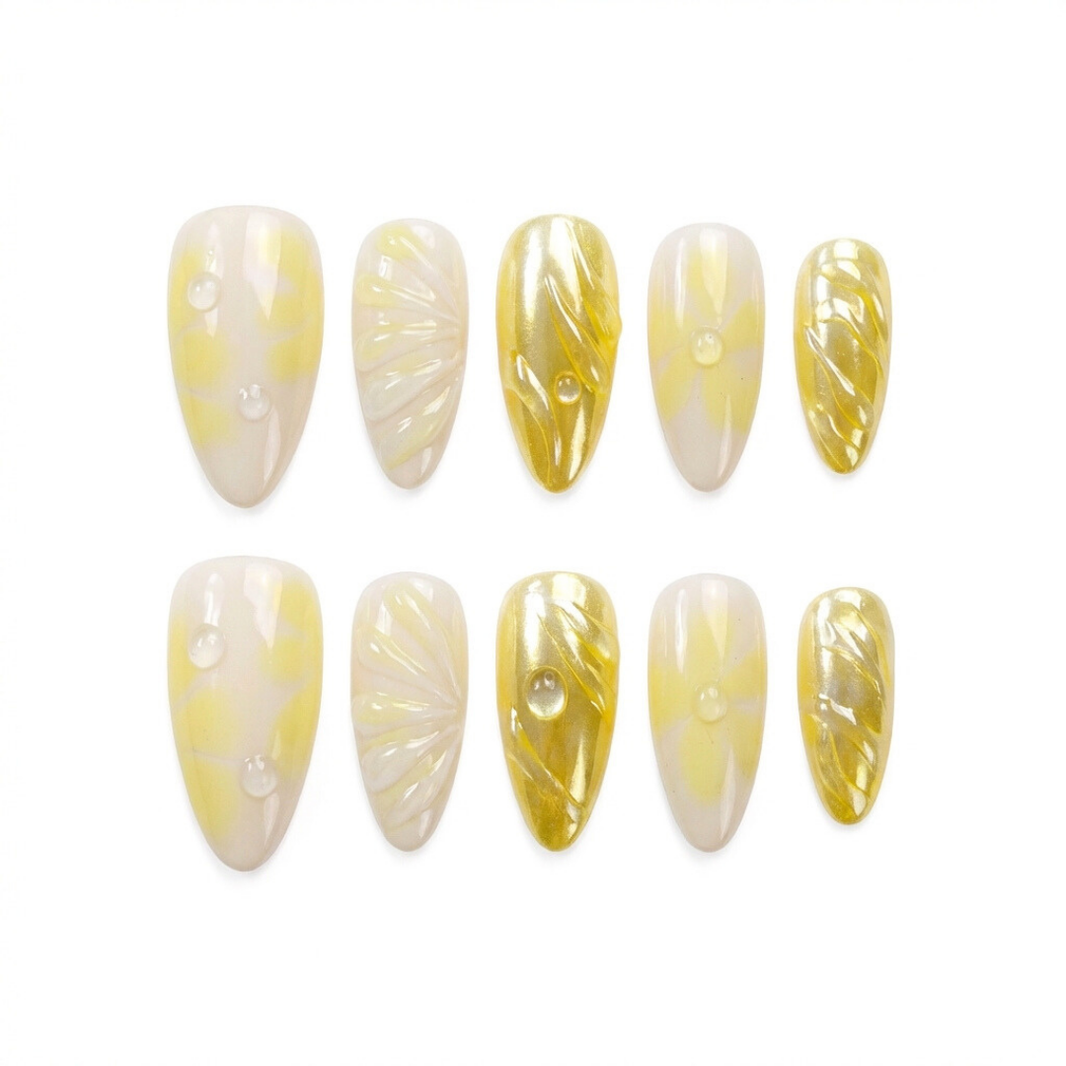 Golden Sprinkle Fizz almond medium handcrafted press-on nails — front view | GlossyMuse