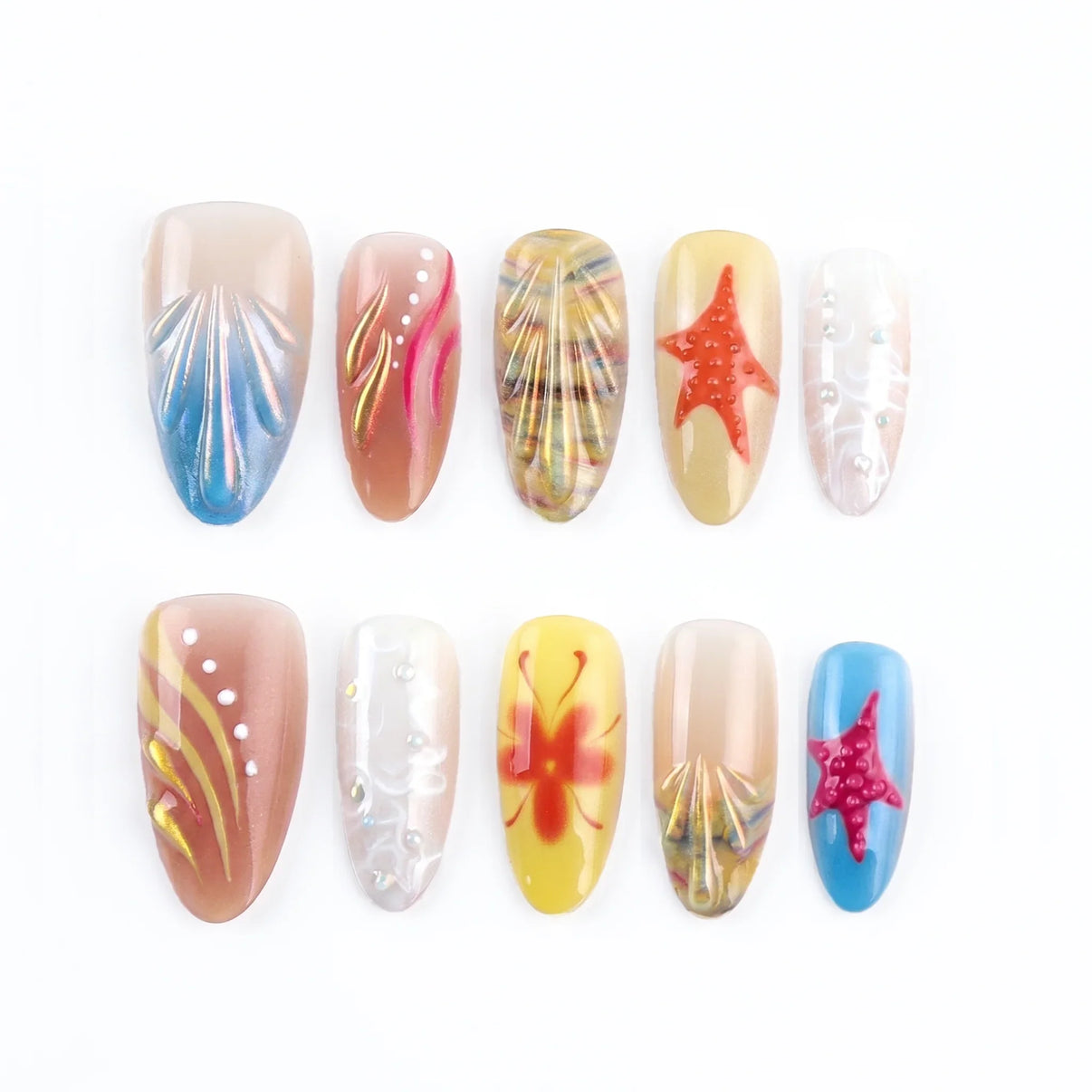 Aurora Shore Golden Tide Almond Medium Press on nail - Sandy Gold Holographic Chrome Shell Starfish Summer