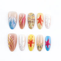 Aurora Shore Golden Tide Almond Medium Press on nail - Sandy Gold Holographic Chrome Shell Starfish Summer