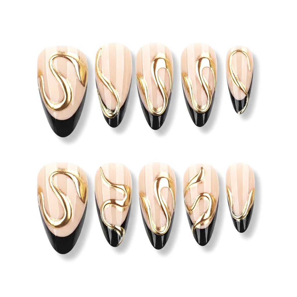 Golden Mystery | Goldline Noir Swirl Almond Short Press on nail