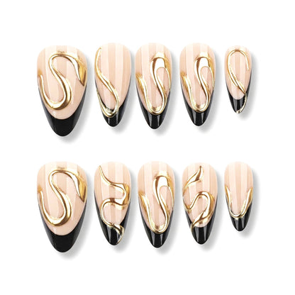 Golden Mystery | Goldline Noir Swirl Almond Short Press on nail