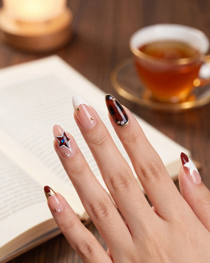 Honor Roll Star | Star Tortoise Rhinestone Medium Almond Press On Nails