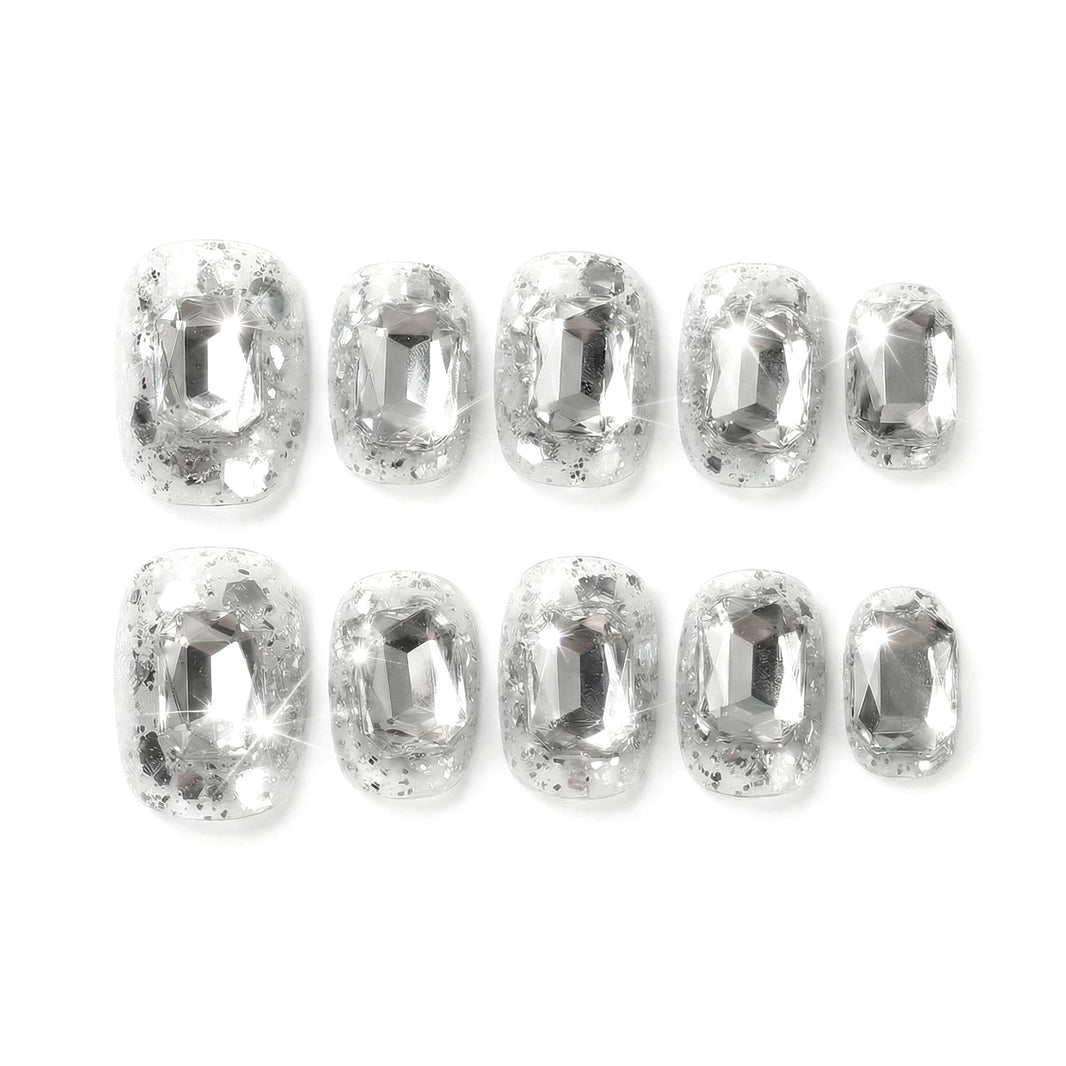 Ice Glass Stones almond medium handcrafted press-on nails — front view | GlossyMuse