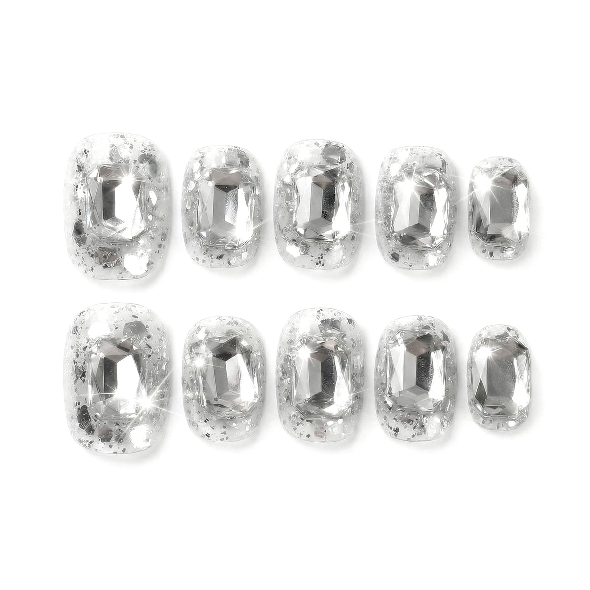 Ice Glass Stones almond medium handcrafted press-on nails — front view | GlossyMuse