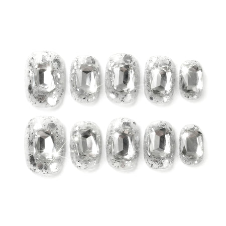 Ice Glass Stones almond medium handcrafted press-on nails — front view | GlossyMuse