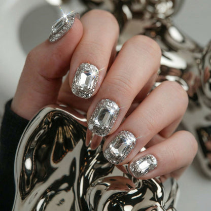 Ice Glass Stones press-on nails 3D detail shot — almond shape | GlossyMuse