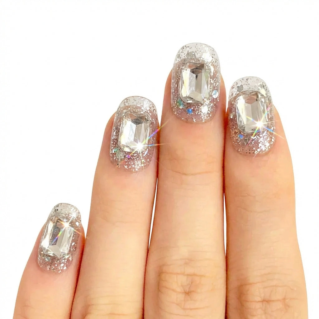 Model wearing Ice Glass Stones almond press-on nails — lifestyle close-up | GlossyMuse