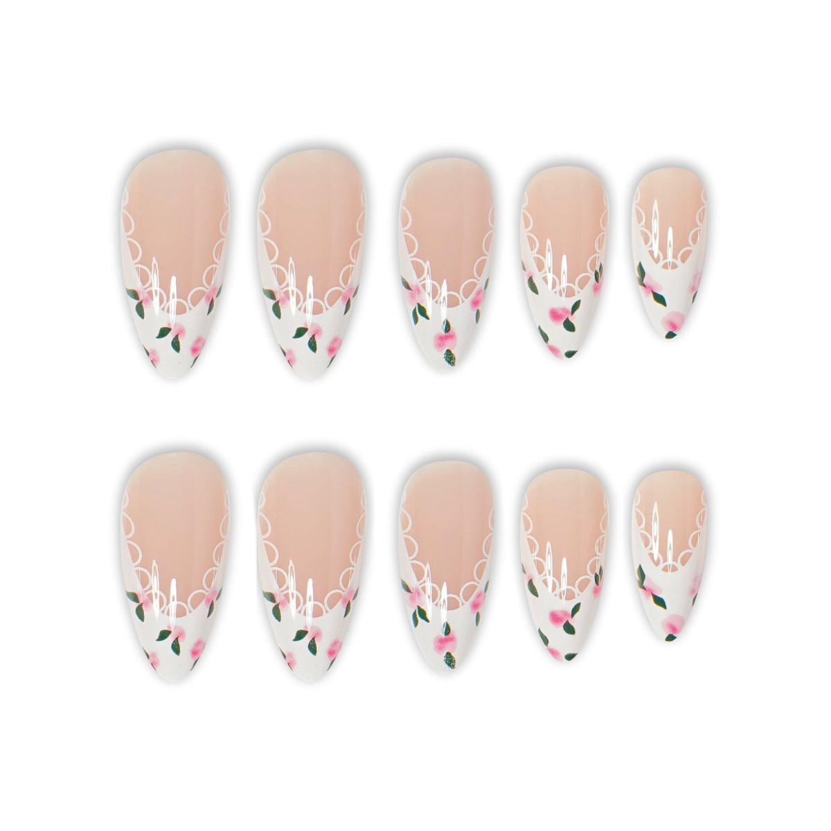 Romantic | Ivory Bloom French Almond Medium Press on nail - Floral French Tip