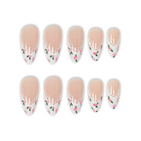 Romantic | Ivory Bloom French Almond Medium Press on nail - Floral French Tip
