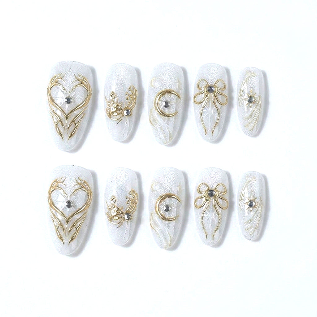 Celestial Luxe | Ivory Gold Orbit Almond Medium Press on nail