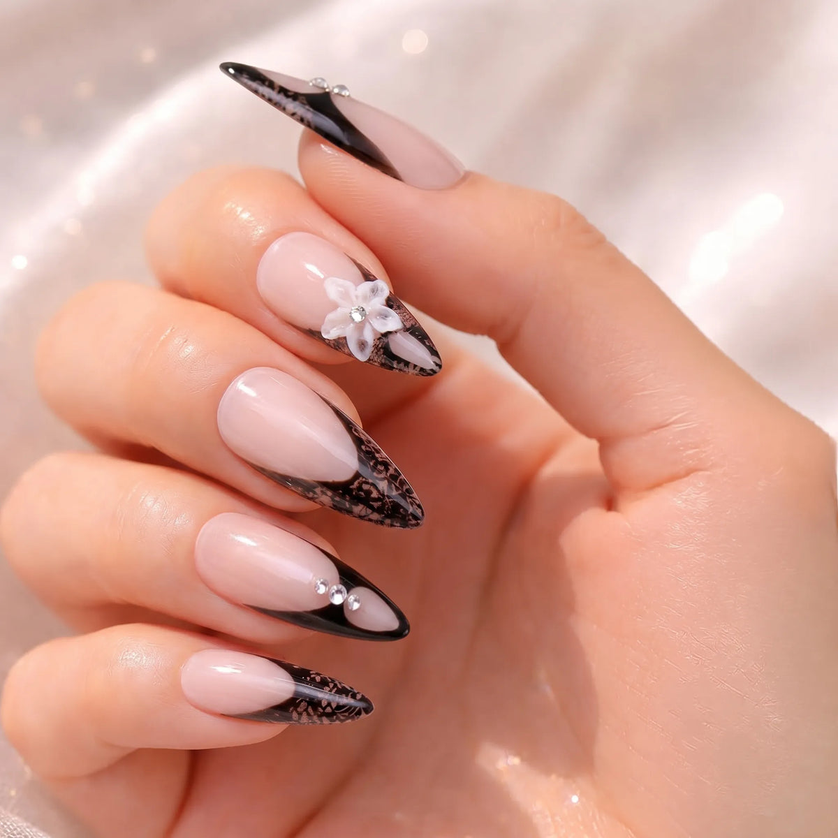 Midnight Bloom  Lace Whisper long press-on nails — angle view 7 | GlossyMuse