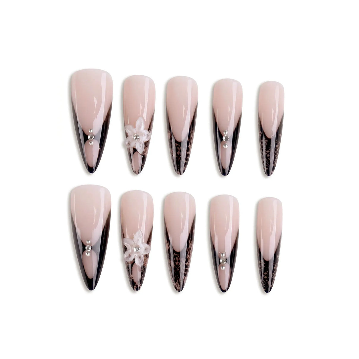 Midnight Bloom | Lace Whisper Almond Long Press on nail
