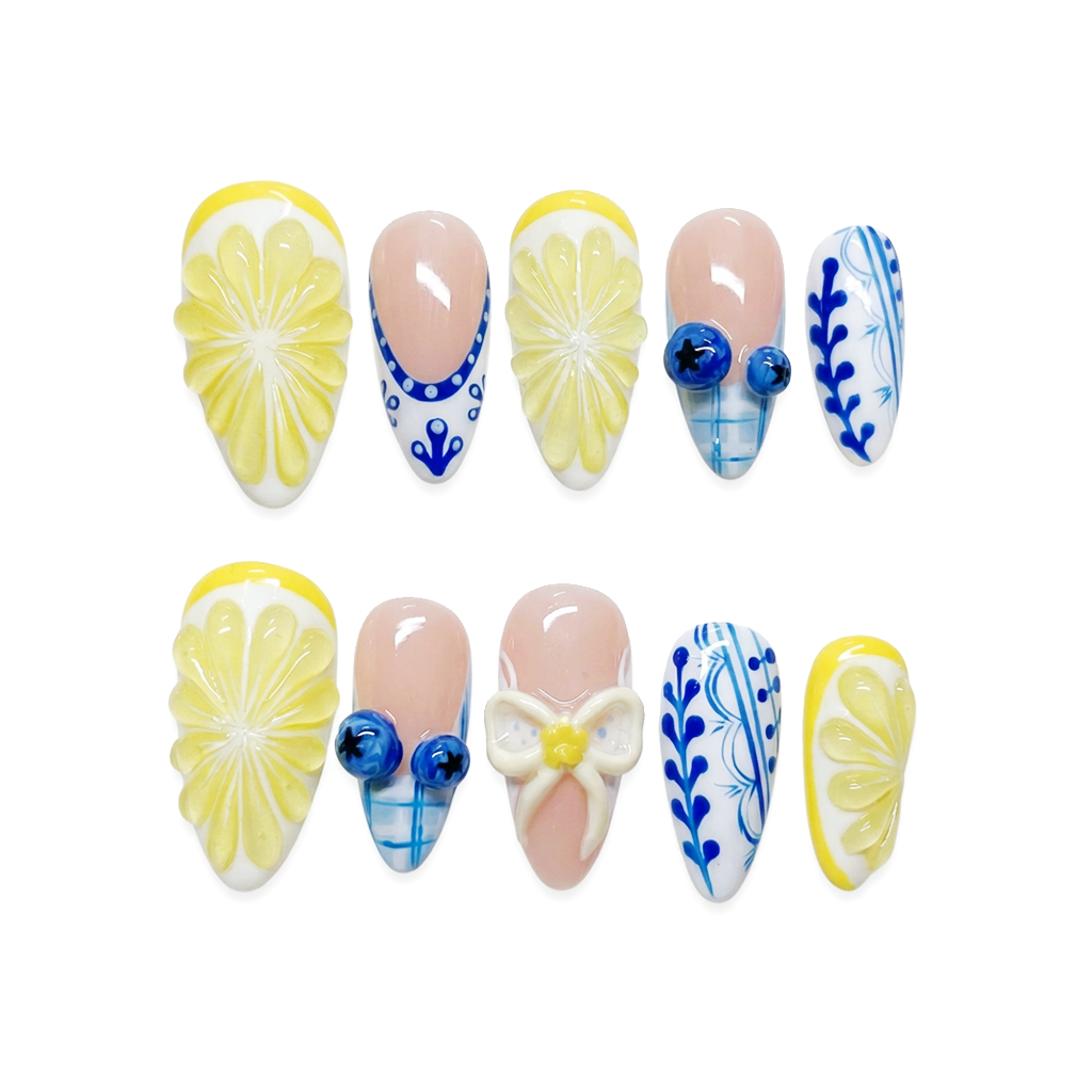 Lemon Basil Drop almond medium handcrafted press-on nails — front view | GlossyMuse
