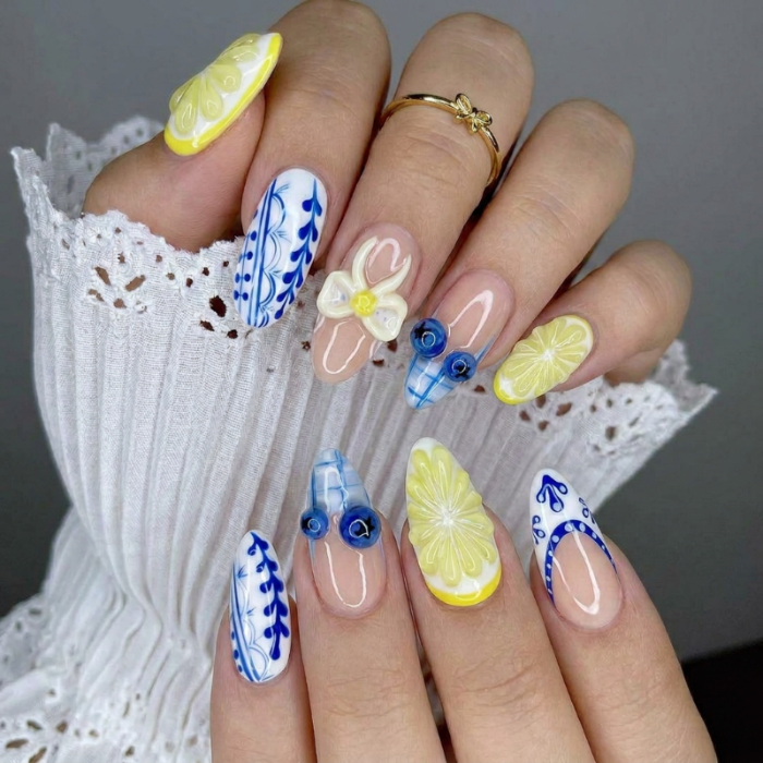 Lemon Basil Drop press-on nails 3D detail shot — almond shape | GlossyMuse