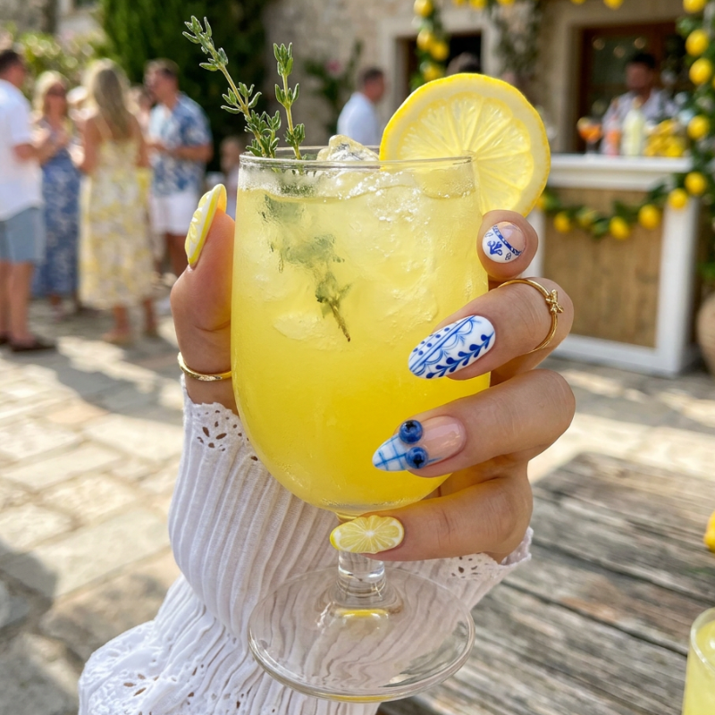 Model wearing Lemon Basil Drop almond press-on nails — lifestyle close-up | GlossyMuse