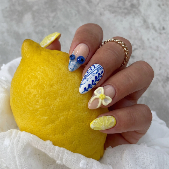Lemon Basil Drop press-on nail kit contents — adhesive tabs, file and cuticle pusher | GlossyMuse