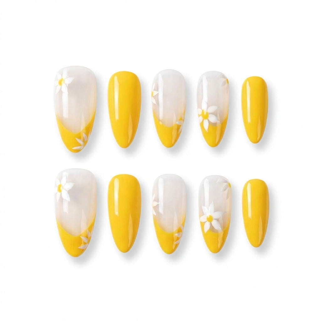 Lemon Daisy Collins almond medium handcrafted press-on nails — front view | GlossyMuse