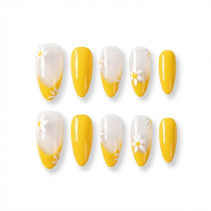 Lemon Daisy Collins almond medium handcrafted press-on nails — front view | GlossyMuse