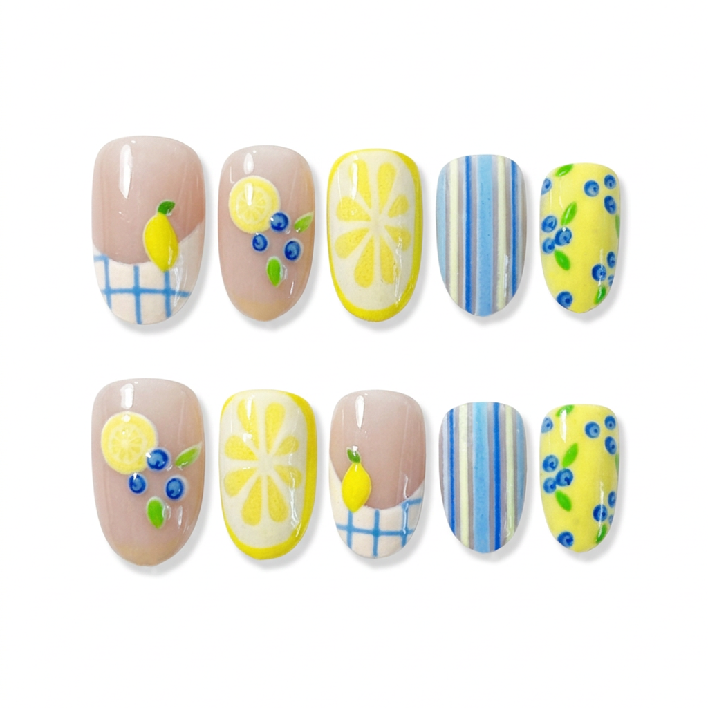 Lemon Stripe Spritz almond medium handcrafted press-on nails — front view | GlossyMuse