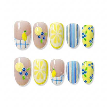 Lemon Stripe Spritz almond medium handcrafted press-on nails — front view | GlossyMuse