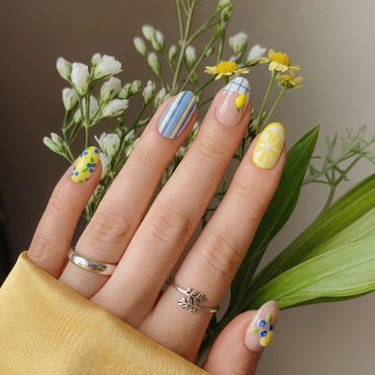 Lemon Stripe Spritz press-on nails 3D detail shot — almond shape | GlossyMuse