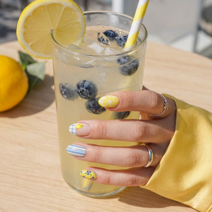 Lemon Stripe Spritz press-on nail kit contents — adhesive tabs, file and cuticle pusher | GlossyMuse