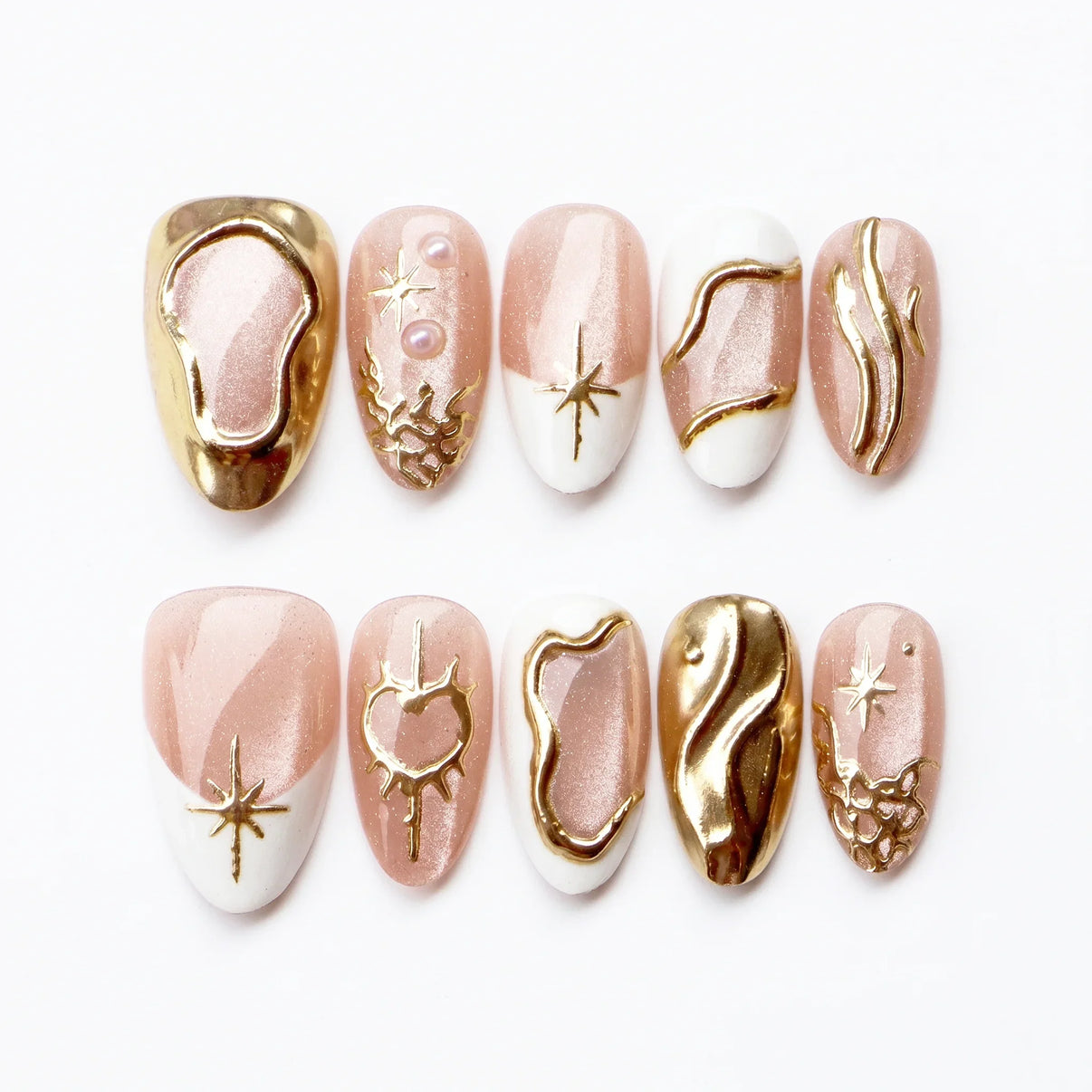 Celestial Gold Lunar Blush Almond Medium Press on nail - Blush Gold 3D Metal Star Charm Aurora
