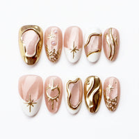 Celestial Gold Lunar Blush Almond Medium Press on nail - Blush Gold 3D Metal Star Charm Aurora