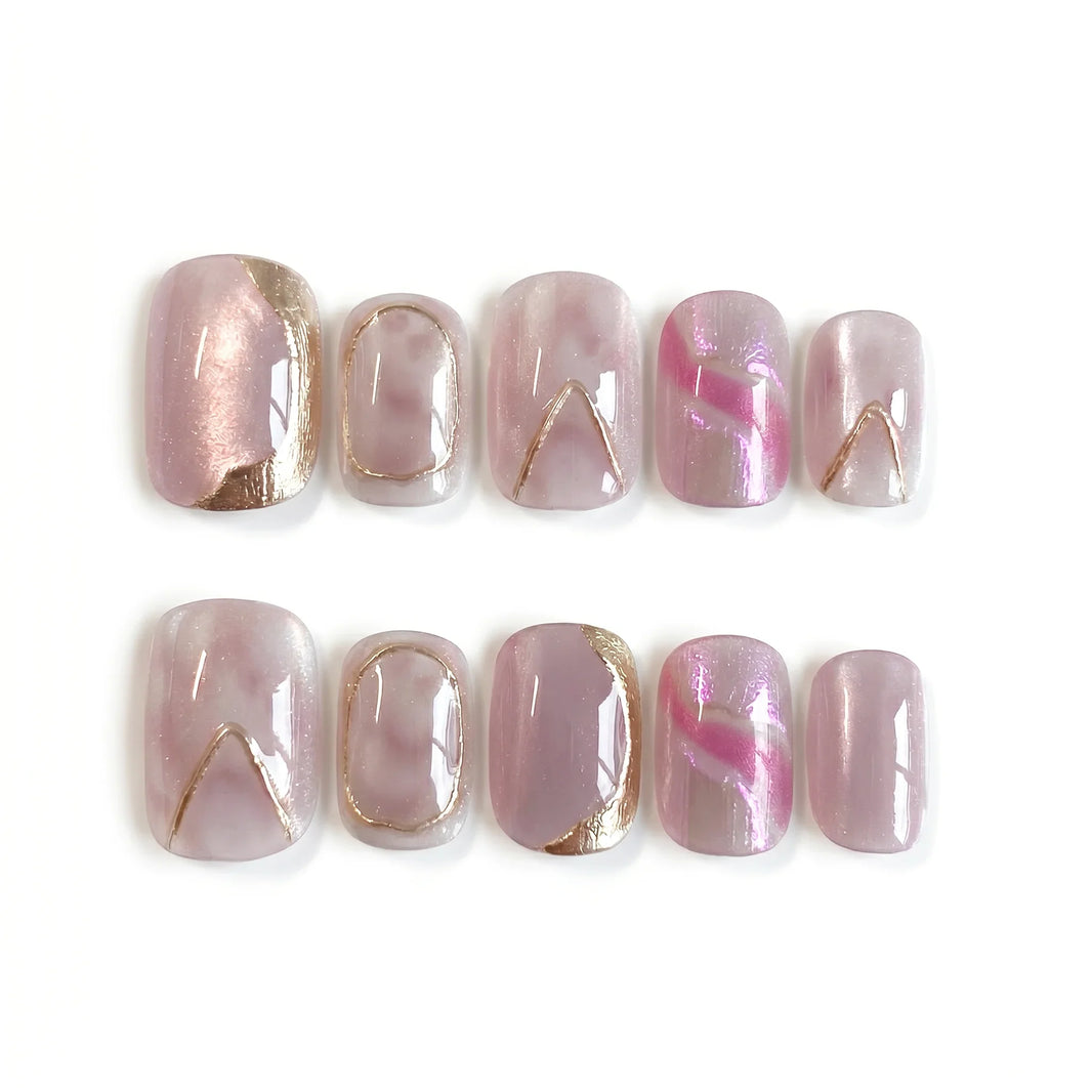 Mauve Magic Moonlit Mauve Square Short Press on nail - Mauve Cat Eye Rose Gold Lines Aurora