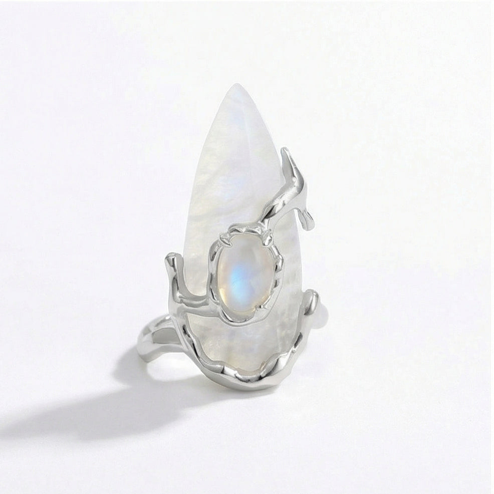 Moonstone Charm Nail Ring almond medium handcrafted nail ring set — front view | GlossyMuse