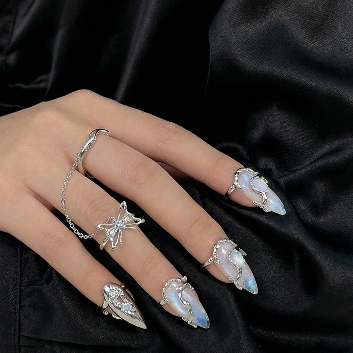 4Pcs Moonstone Nail Ring Set nail rings on hand — lifestyle | GlossyMuse