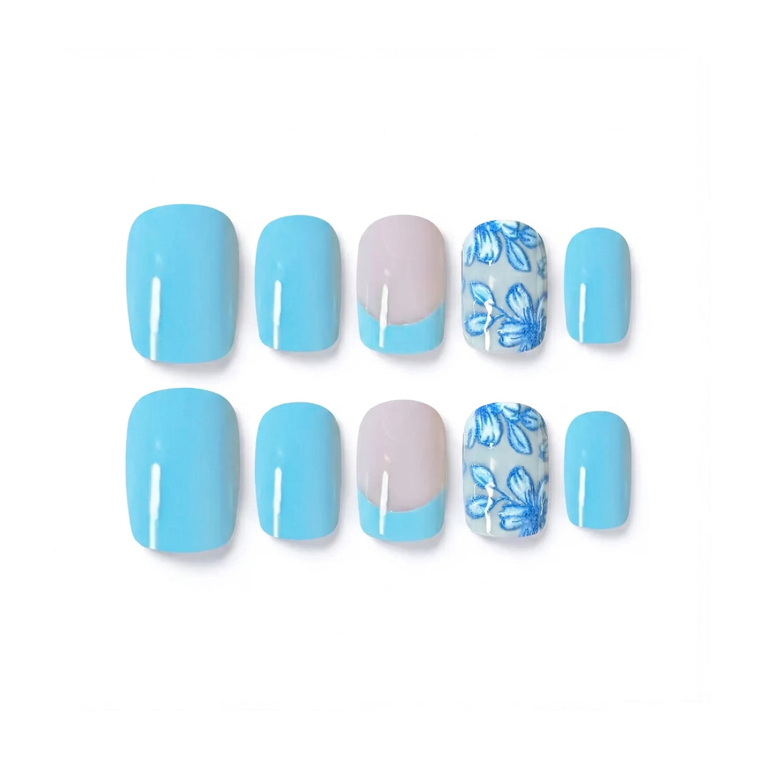 Skyline Serve pickleball press-on nails — morning bloom sky blue short square | GlossyMuse