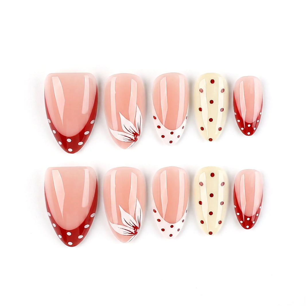 Mulberry Bloom press-on nails - medium almond with red French tips and white floral details
