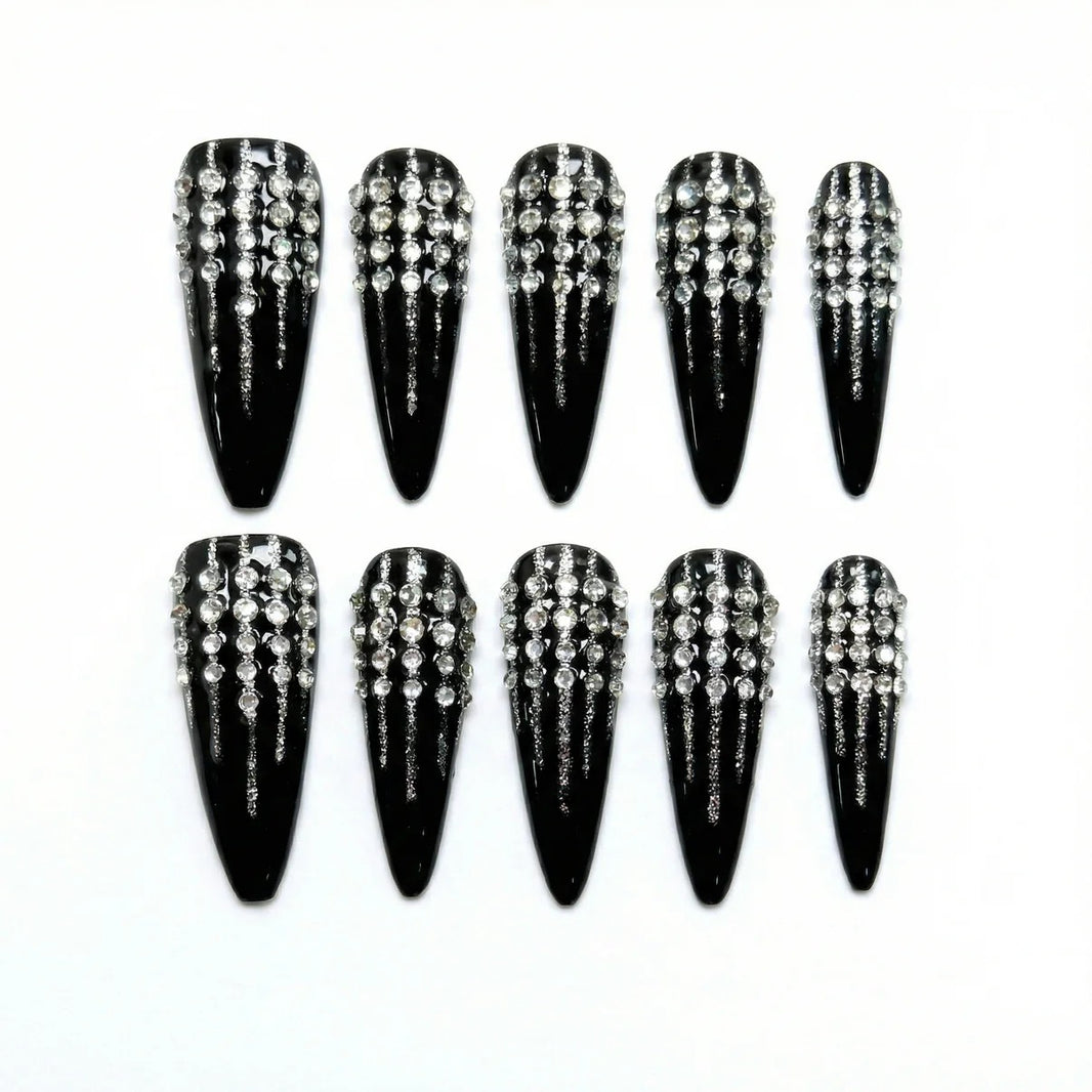 Muse Noir Drip almond medium handcrafted press-on nails — front view | GlossyMuse