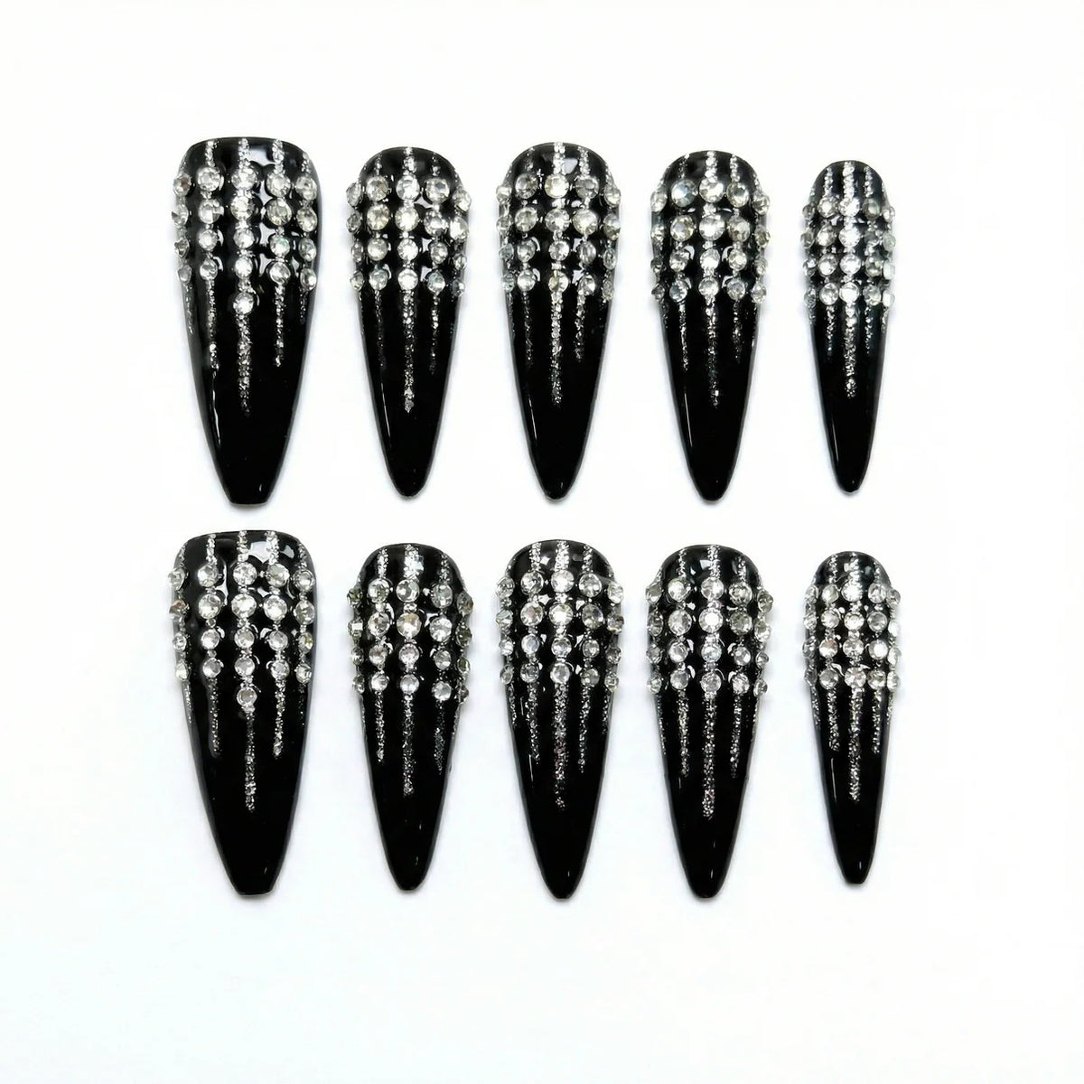 Muse Noir Drip almond medium handcrafted press-on nails — front view | GlossyMuse