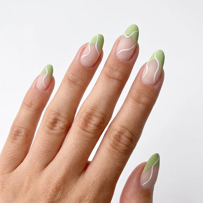 Baseline Muse | Sage Green Line Art Medium Almond Press On Nails