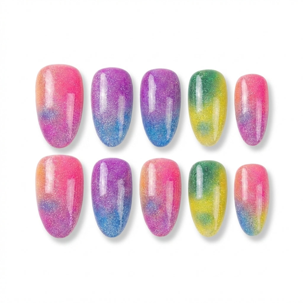 Ten colorful press-on nails in pink, purple, blue, and green shades with glitter.