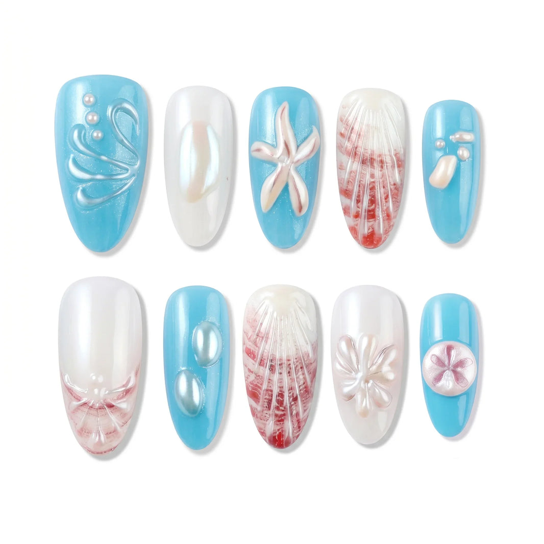 Tidal Pearl Ocean Dew Almond Medium Press on nail - Blue White 3D Starfish Shell Pearl Ocean Summer