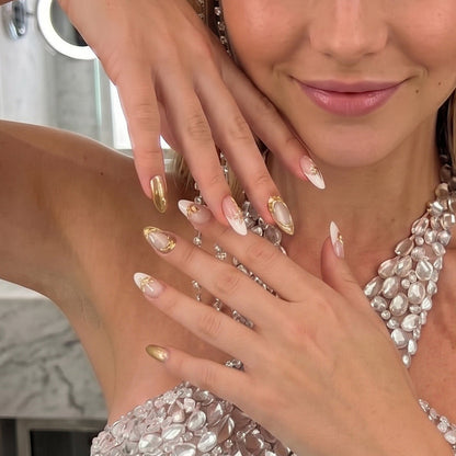 Model wearing Ocean Elegance  Pearl Tides almond press-on nails — lifestyle close-up | GlossyMuse