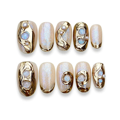 Ethereal Glow | Pearlflare Luxe Round Short Press on nail