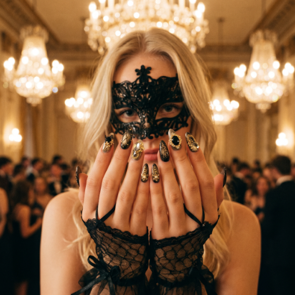 Model hand wearing phantom gold lace almond handcrafted press-on nails — lifestyle shot | GlossyMuse