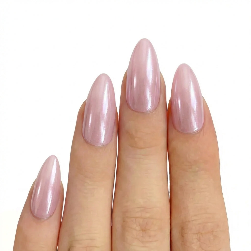 Pink Champagne Spirtz press-on nails 3D detail shot — almond shape | GlossyMuse