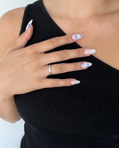 Porcelain Bow | Pearly White Bow Medium Almond Press On Nails
