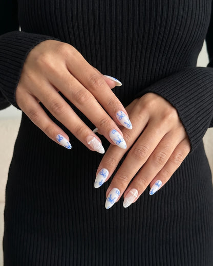 Porcelain Bow | Pearly White Bow Medium Almond Press On Nails
