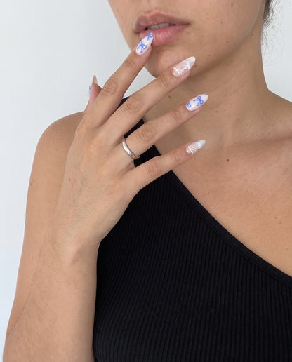 Porcelain Bow | Pearly White Bow Medium Almond Press On Nails