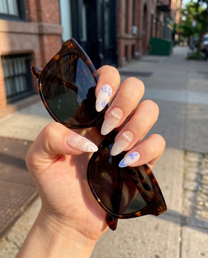 Porcelain Bow | Pearly White Bow Medium Almond Press On Nails