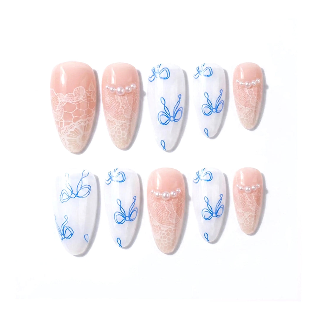 Porcelain Bow | Pearly White Bow Medium Almond Press On Nails