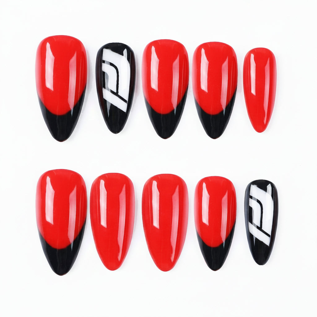 Racefire Checkers - 24 PCS almond medium handcrafted press-on nails — front view | GlossyMuse