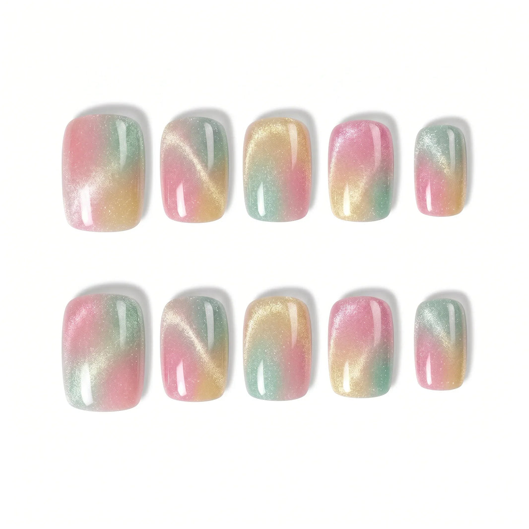 Pastel Prism Rainbow Drift Square Short Press on nail - Pastel Pink Mint Gold Rainbow Cat Eye