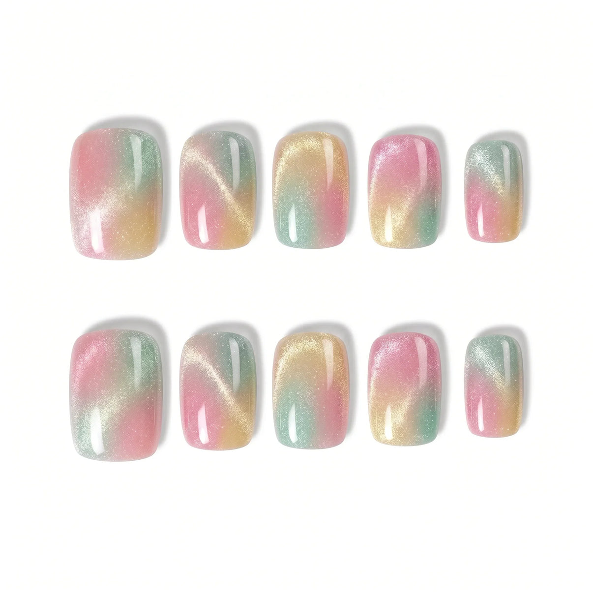 Pastel Prism Rainbow Drift Square Short Press on nail - Pastel Pink Mint Gold Rainbow Cat Eye
